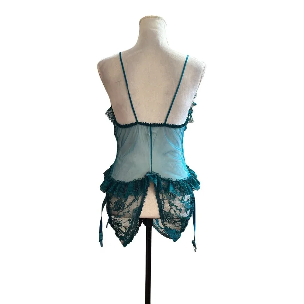 Frederick's of Hollywood Crotchless Lace Slit Bust Teddy Garters Sz L Lingerie - Picture 2 of 12